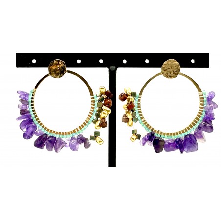 Boucles d'oreilles olivia Bijouterie avec perles amethyste aiguemarine jaspe Miyuki montées sur monture dorée Or