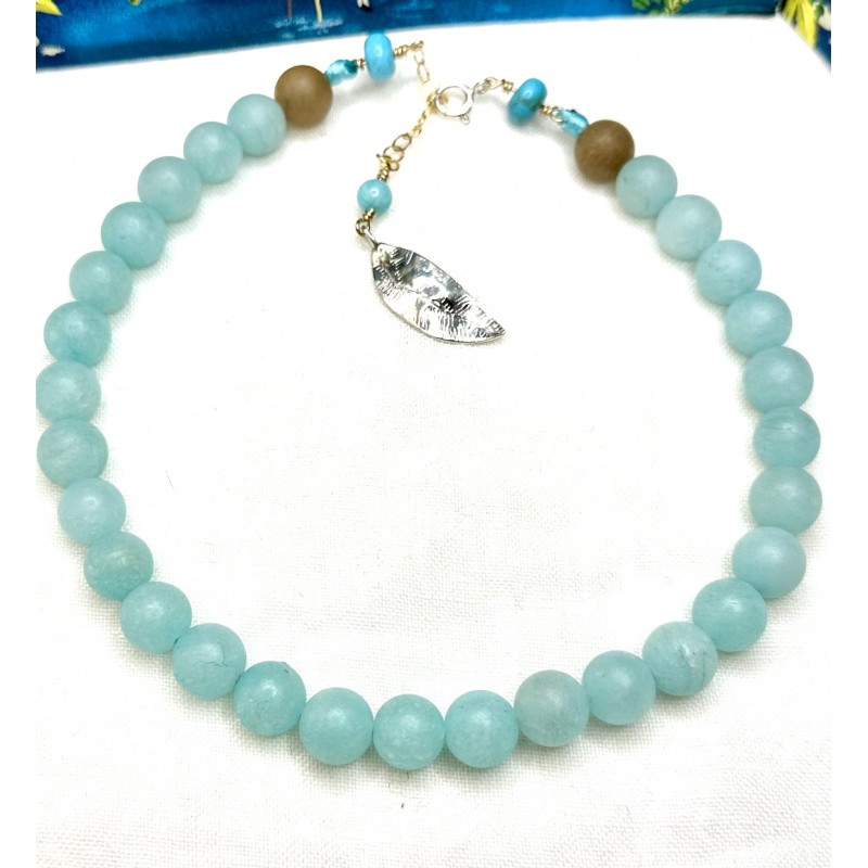 Collier Choker, ras-le-cou en perles naturelles de Jade bleu